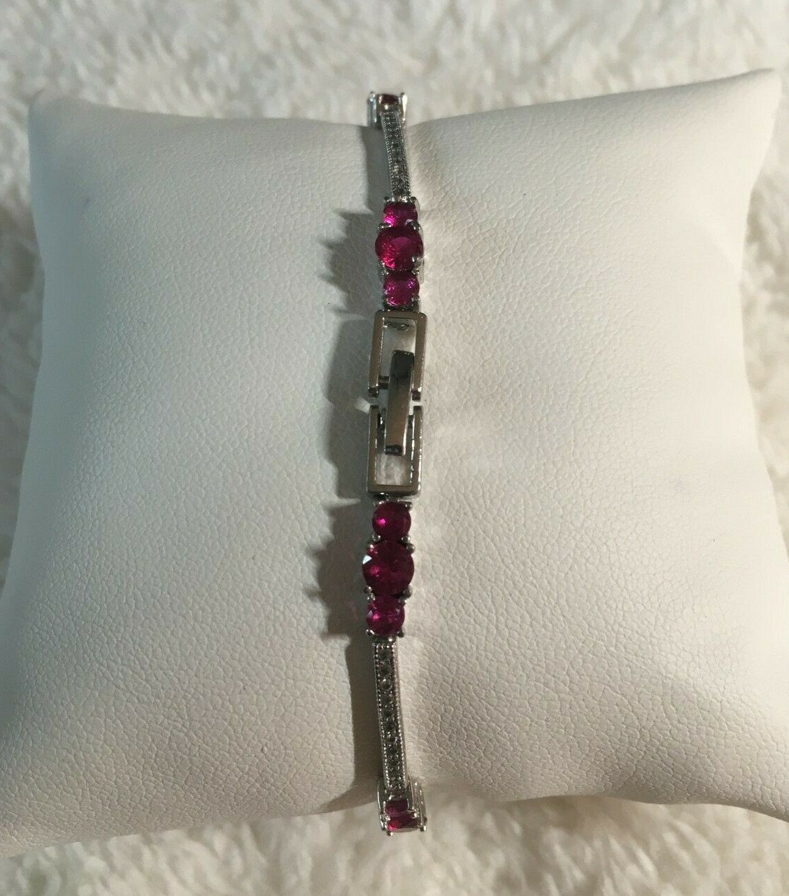 Sterling Silver Rhodium 3-Stone Pave Ruby & White CZ 7" Tennis Bracelet MSRP 48$ gallery