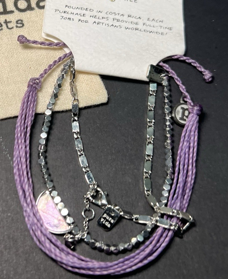 NEW Pura Vida Bracelet 2 pack Stone Amethyst Heart Adjustable Purple Silver tone gallery