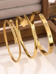Stainless Steel Flower Zirconia Bangle Bracelet Women Jewelry Set