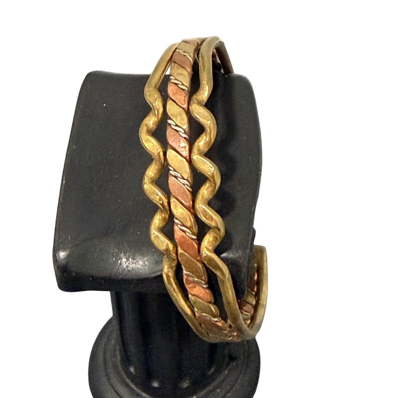 Mixed Metal Gold Copper Silver Tone Cuff Bracelet Unisex 7in Twisted Wavy gallery