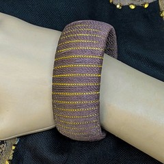 Brown & Gold 1″ Wide Striped Thread Wrapped Bangle Bracelet Fall Autumn Colors