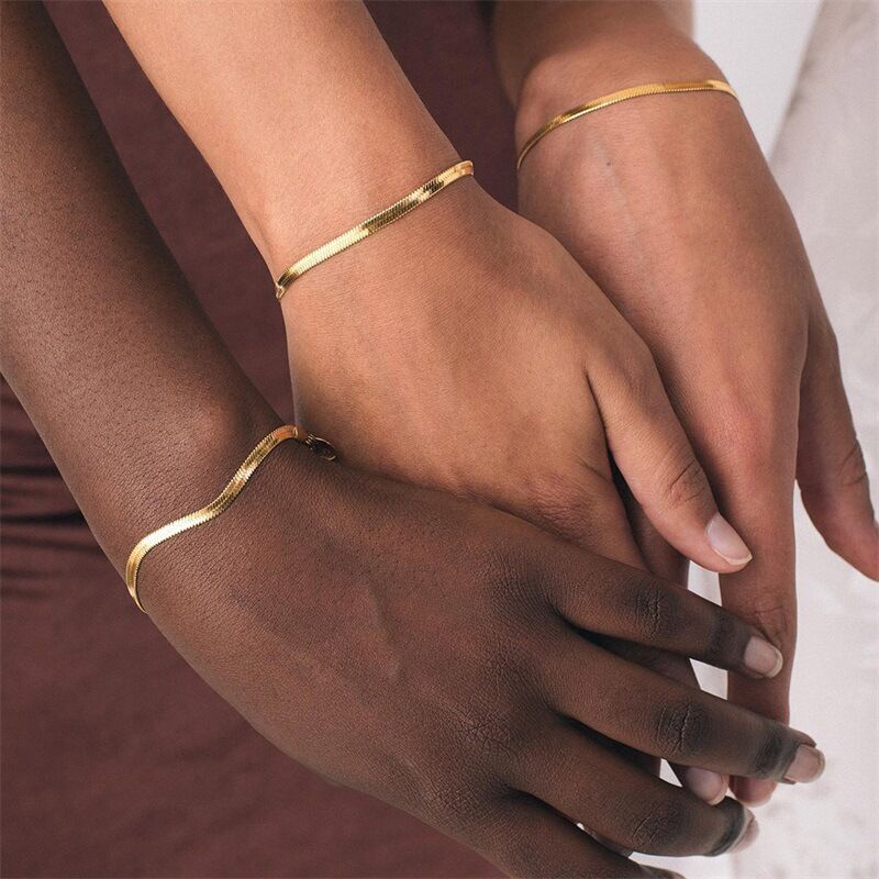 3/4/5mm Woman 14K Gold Plated Herringbone Flat Snake Chain Bracelet Bangle 7-9'' gallery