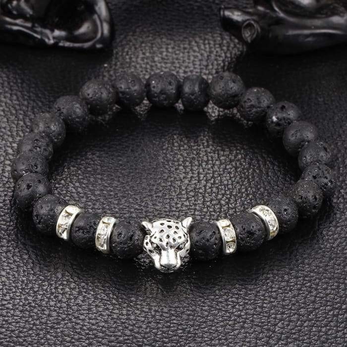 Silver Onyx Stone Leopard and Lava Stone Beads Men's Bracelet gallery