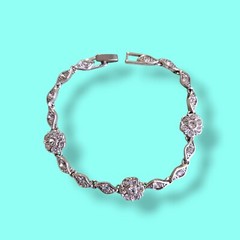 Silver Plate Flower CZ Tennis Bracelet 7in Fold Over Clasp Vtg Glam Fashion