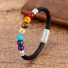 Chakra Bead Stone Bracelet Black Leather Steel Bangle for Men and Women