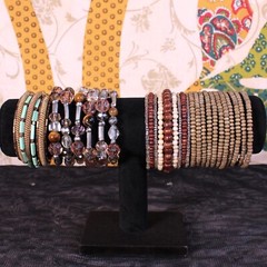 4 Memory Wire Beaded Bracelet Lot Wood Tigers Eye Glass Metal Acrylic Brown