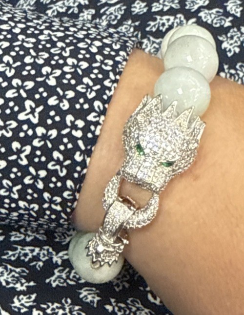 SJ PEARL DESIGNER JADEITE BEADED LUXURY BRACELET W/ DRAGON CLASP PAVÈ CRYSTAL gallery