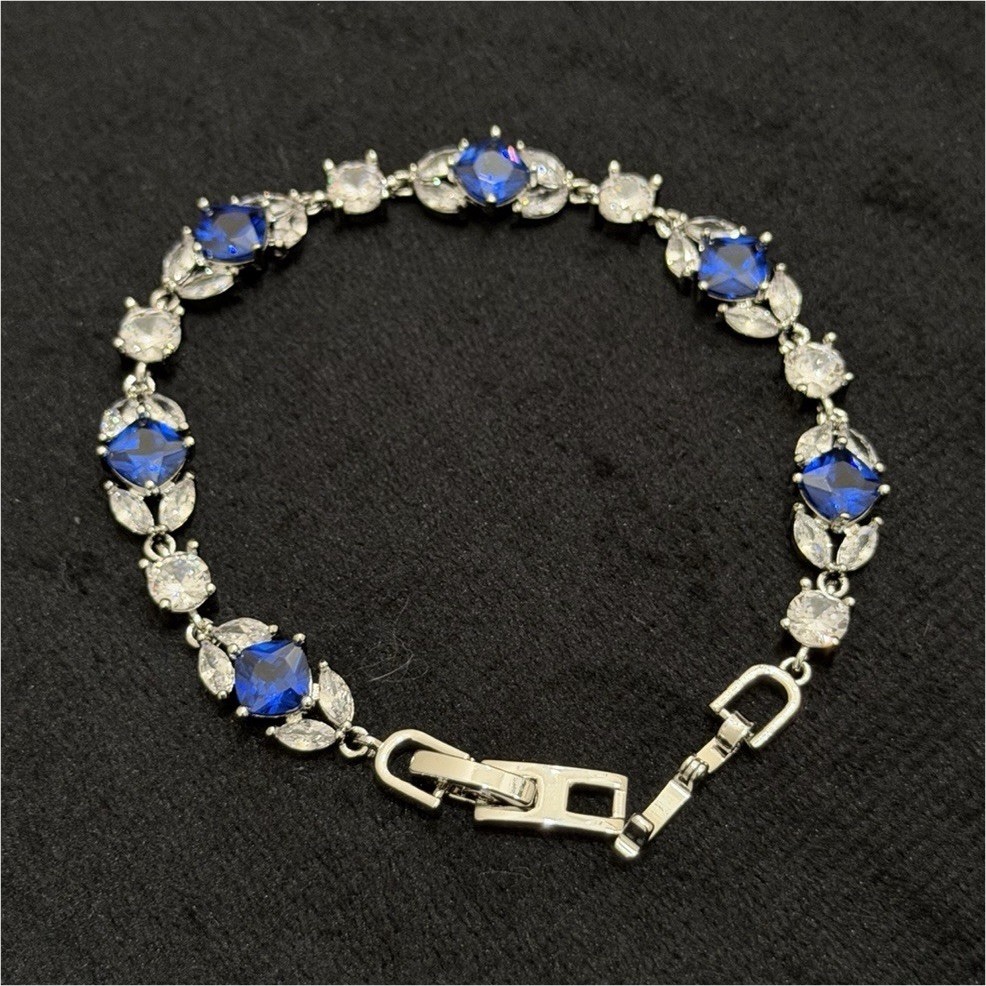 Silver Tone Blue & Clear Round Crystal Tennis Bracelet, Prong Set, Snap gallery