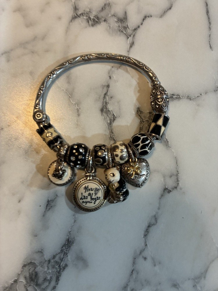 Brighton Silver Tone Charm Bangle Bracelet & 10 Charms Swarovski Crystals Pearls