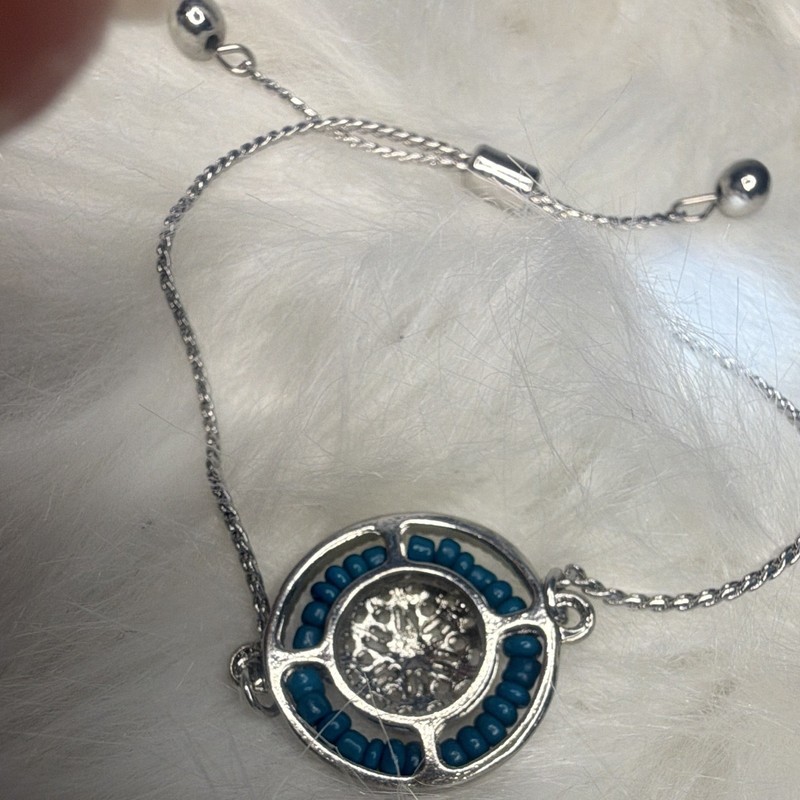 Silver Tone Blue Beaded Rope Chain Bracelet, Adjustable Slide, Round Medallion gallery