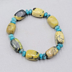 Yellow Black Agate & Blue Stone Bead Bracelet Stretch Elastic 6.25″