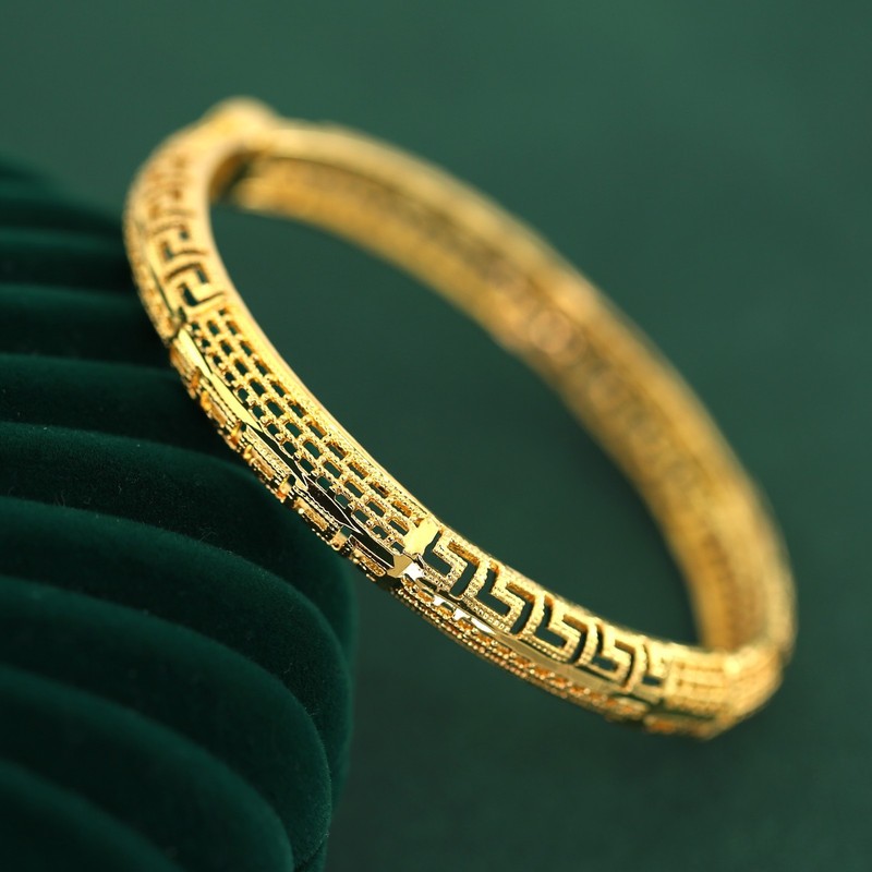 18K YELLOW GOLD FILLED 8MM Matte GREEK KEY BAND 60MM WOMEN SOLID BANGLE BRACELET gallery