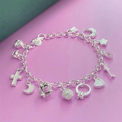 20cm Multi Type CZ Inlaid Pendant Cluster Chain Bracelet Silver Plated