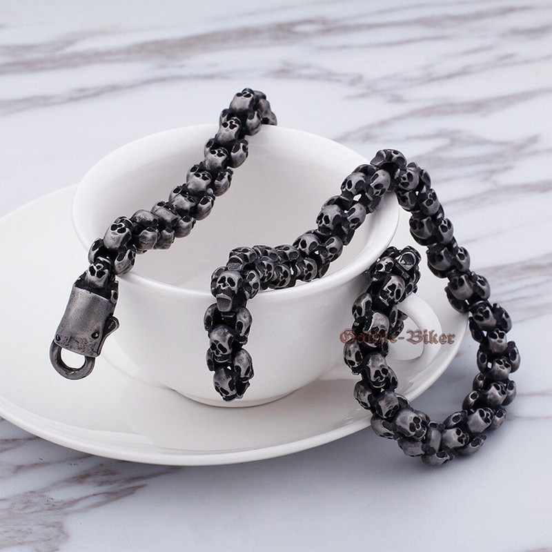 Solid Skull Link Bracelet/Necklace Hypoallergenic Stainless Steel Gunmetal Tone gallery