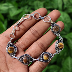 Lovely Tiger’s Eye Gemstone Designer Hook Bracelet 925 Silver Plated Wow Jewelry