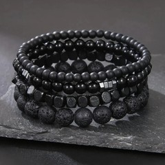 4pcs Black Stone & Wood Bead Elastic Bracelet Set for Men Women