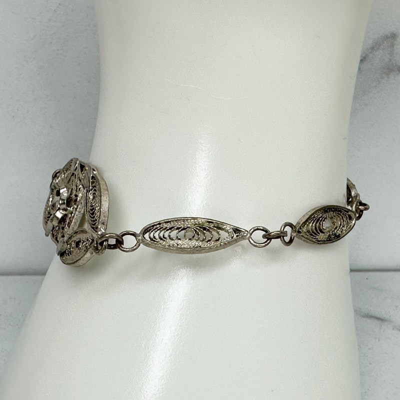 Vintage Silver Tone Filigree Scroll Marquise Link Flower Bracelet gallery