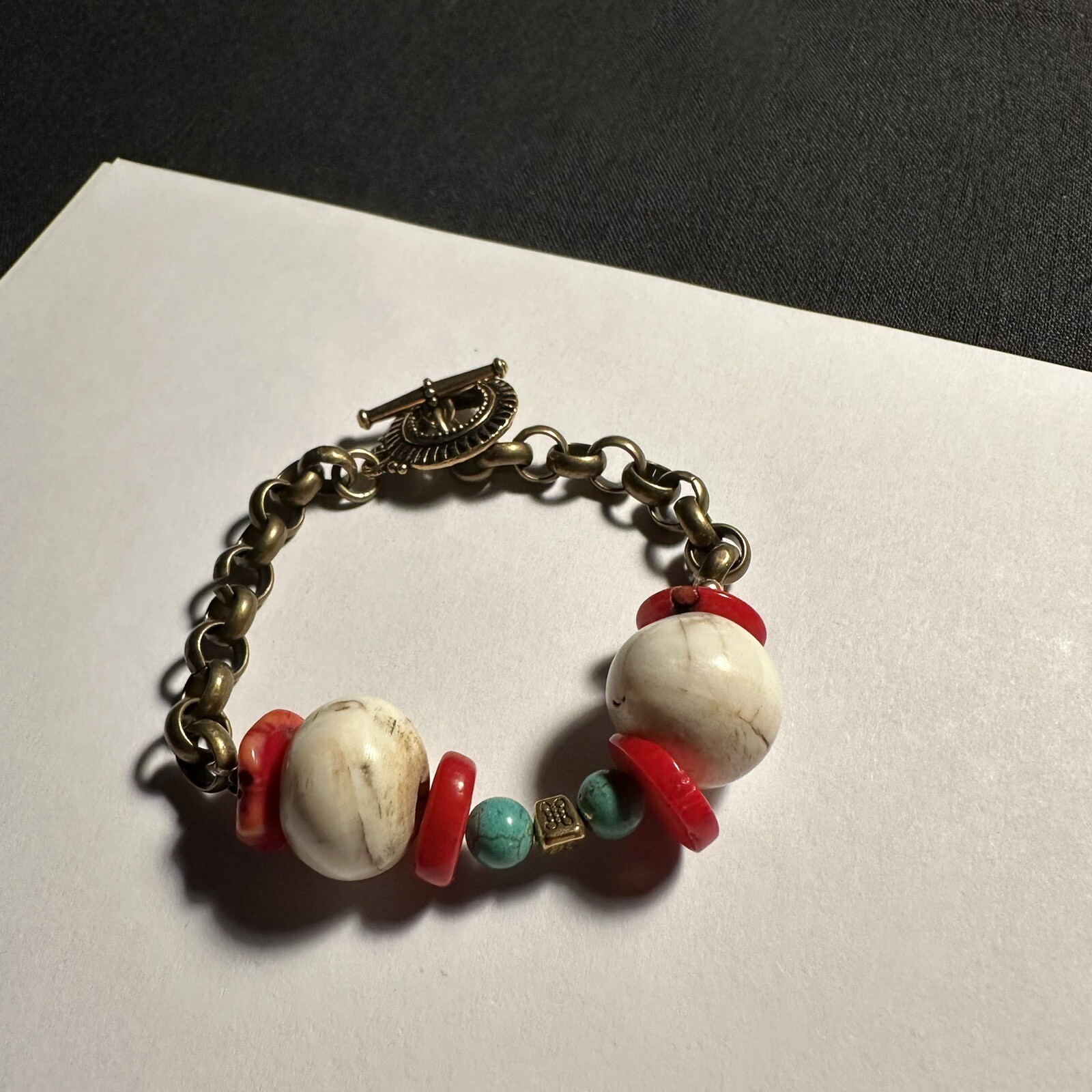 Beaded Chain Bracelet 7 4/8 Inch Red Beige Blue Bronze Gold Tone gallery
