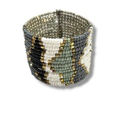 Beaded Cuff Bracelet Adjustable Goldtone Gray Silvertone Green 2″ Wide