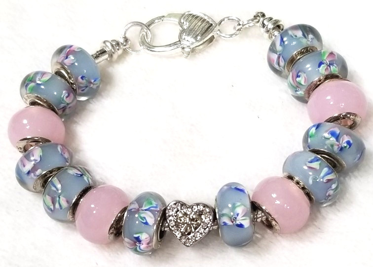 7.9" Heart Bow Slider Charm Flower Murano Lampwork Glass Beads Spacers Bracelet gallery