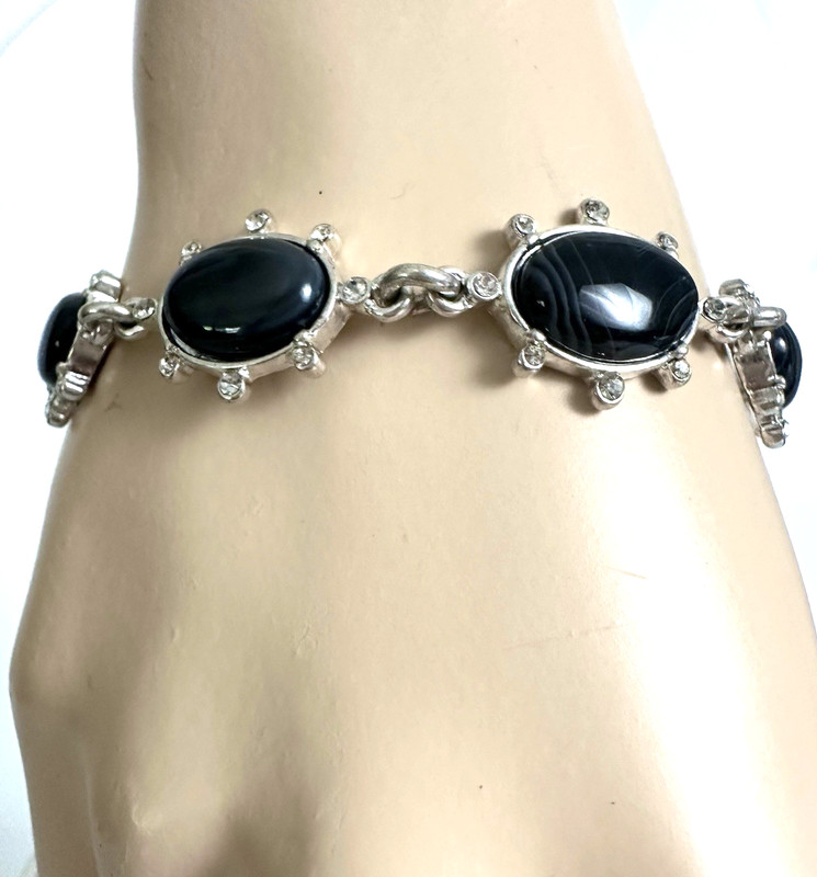 Lucky Brand Silver-Tone Black Agate Stone Pavé Flex Bracelet NWT gallery