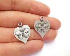 2 Pieces Heart Butterfly Charms Antique Silver Plated jewelry accessories