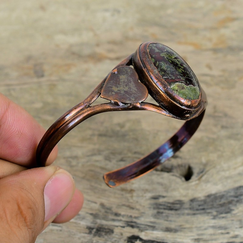 Copper Oval Natural Dragon Bloodstone Electroformed Heart Bezel Bangle Bracelet gallery
