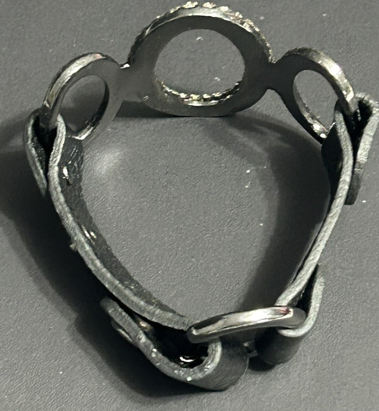 Black Leather Rhinestone Open Circle Snap Wrap Cuff Bracelet Statement gallery