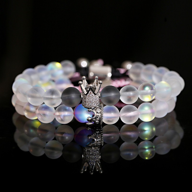 Luxury Moonstone Beaded Couple King Queen Crown CZ Pave Bead Bracelets Set gallery