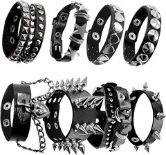 Studded Punk Bracelets 8 Pack Faux Leather Spike Wristbands Emo Rock Goth Style