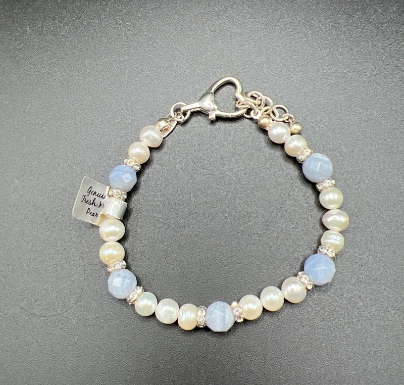 Freshwater Pearl, Rhinestone Rondelle & Faceted Blue Bead Bracelet -LAST CHANCE gallery