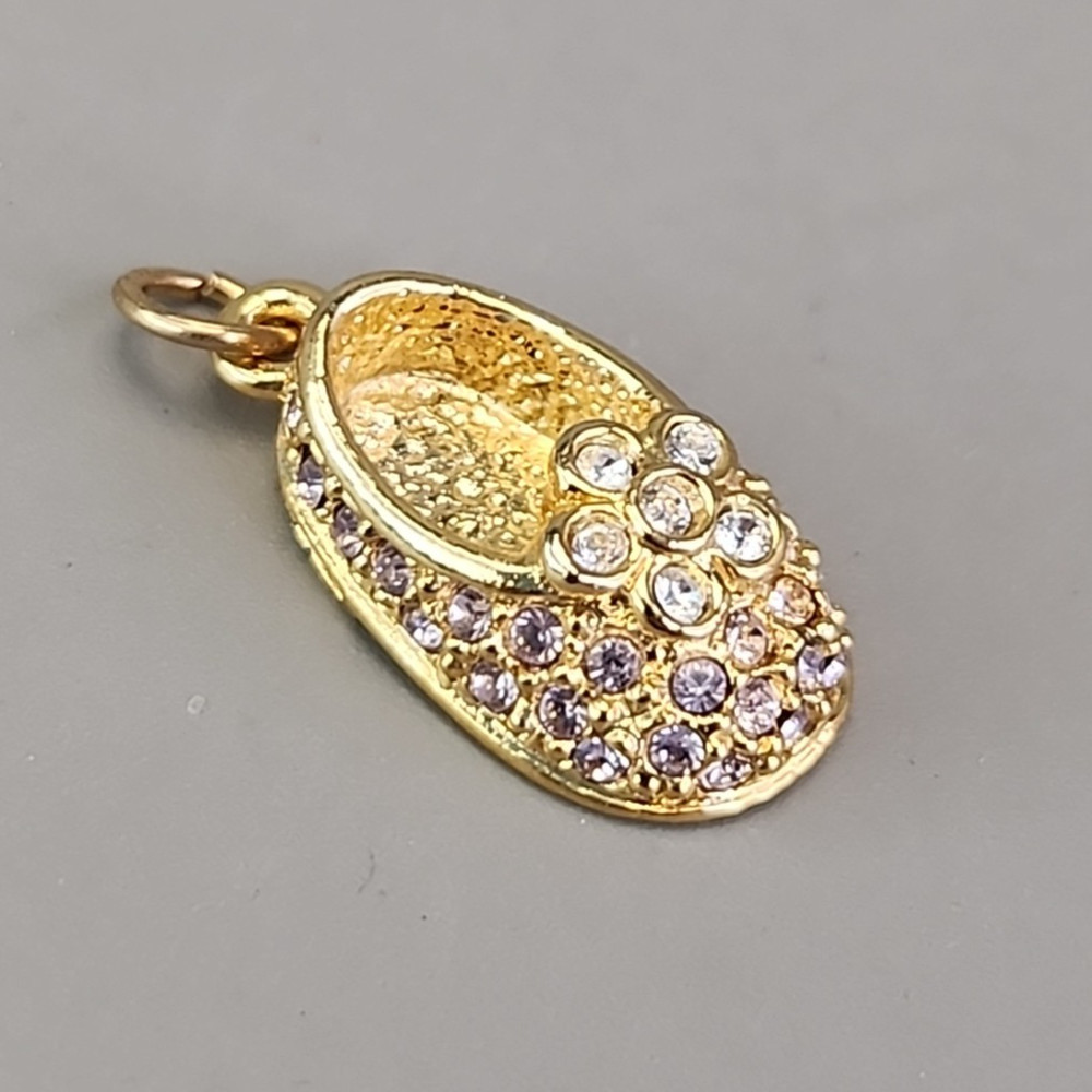Firenza Baby Shoe Charm May Birthstone Clear Rhinestones Gold Tone 17mm
