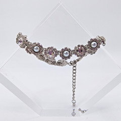Floral Link Bracelet Silver Tone Rhinestone Faux Pearl Bridalcore Coquette