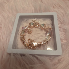 Rose Gold Tone Charm Beaded Bracelet w/ Clear Rhinestones, Silver Dangle