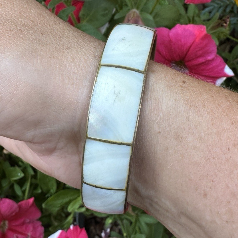Vintage 1970s White Segmented Inlaid Panel Bangle Bracelet gallery