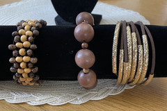 Lot of 3 Brown Bracelets- Wooden, Woven & Leather with/ Goldtone Fashion Jewelry