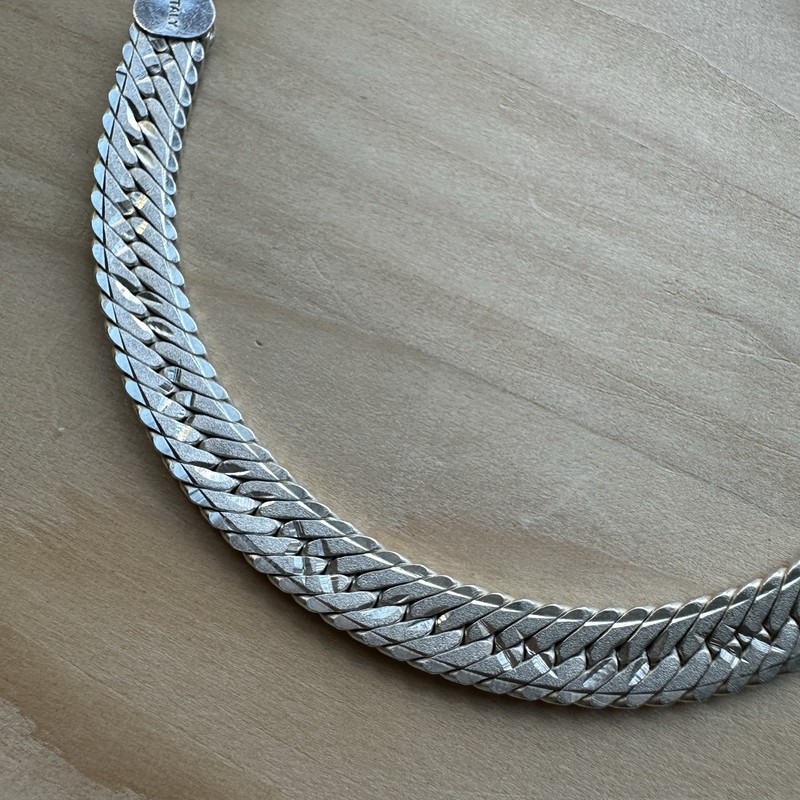 VTG IBB Herringbone Chain Bracelet 7" Diamond Cut Accent Italy Sterling 12.3g gallery