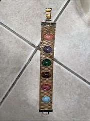 Sarah Coventry GT Metal Mesh Link Chain Faux Stone Cabochon Inset 7.5″ Bracelet