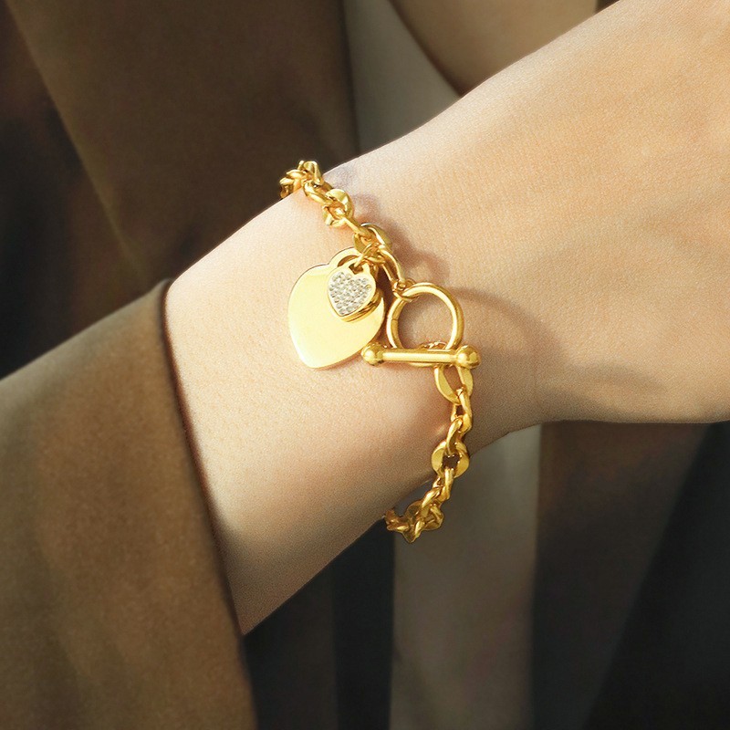 Women's Heart Inlay Zircon Pendant Bracelet OT Buckle Stainless Steel Bracele gallery