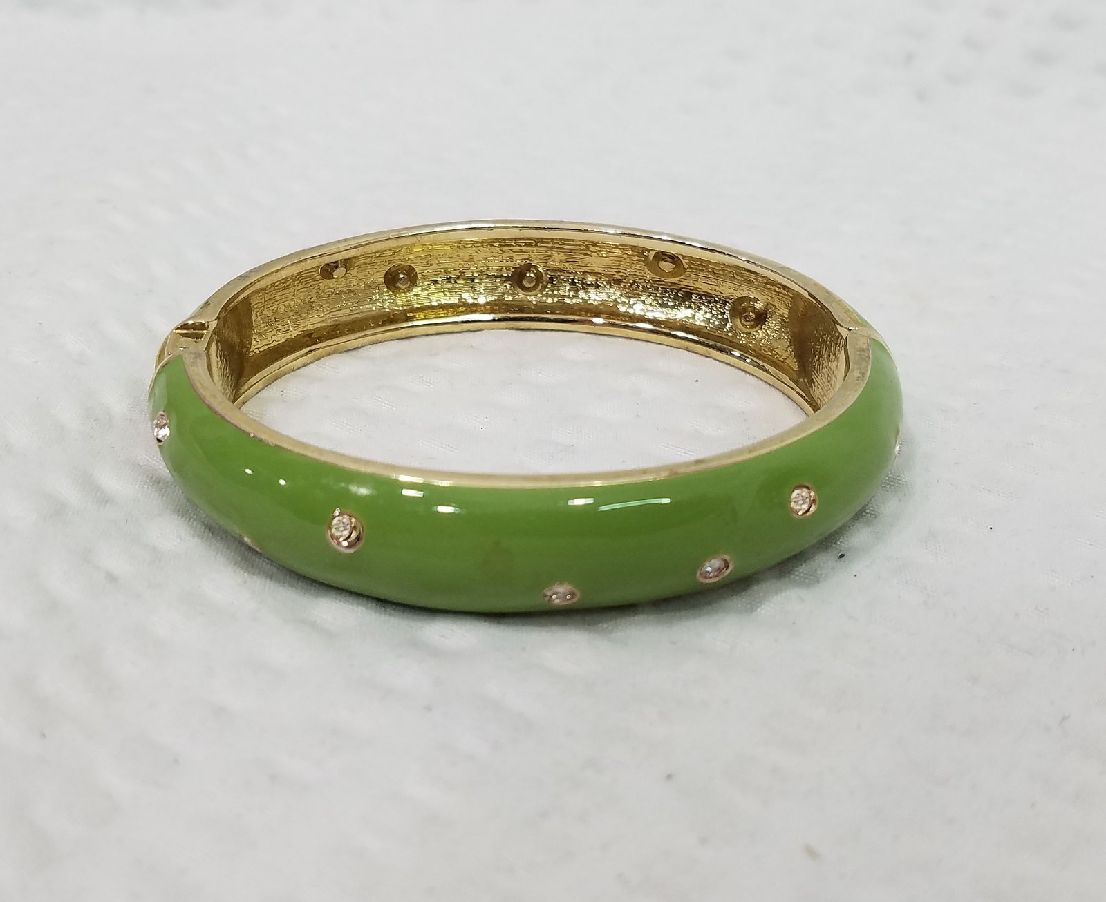 New! Celery Green Enameled Gold Tone and Crystal Oval Domed Clamper Bracelet gallery
