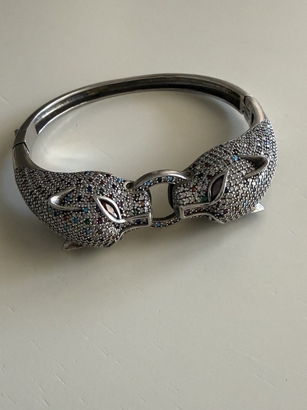 Silver Tone Animal Head Bangle Bracelet with Rhinestone Accents, Snap Closure gallery
