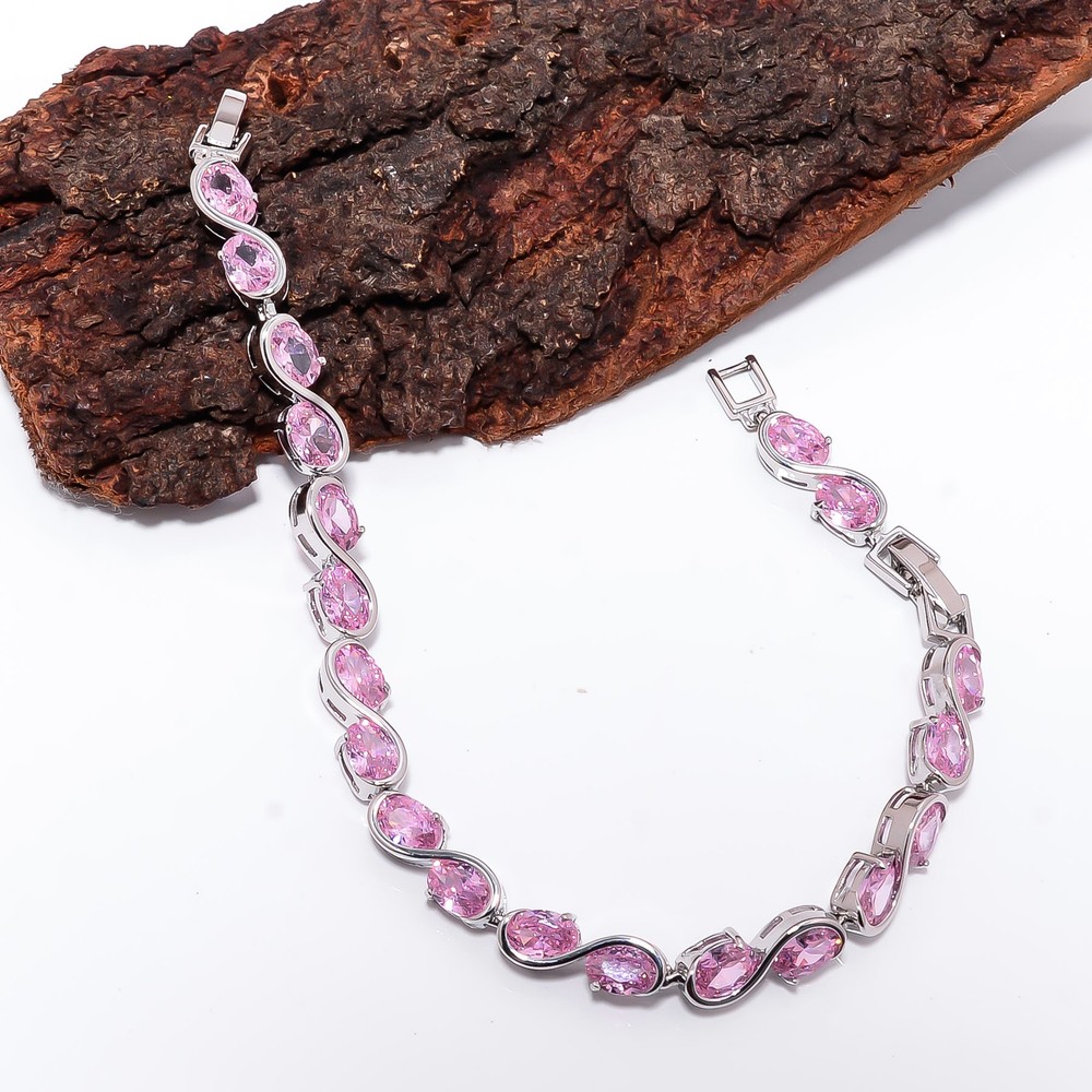 Pink Sapphire - Simulated 925 Sterling Silver Adjustable Bracelet 7-8" B141443