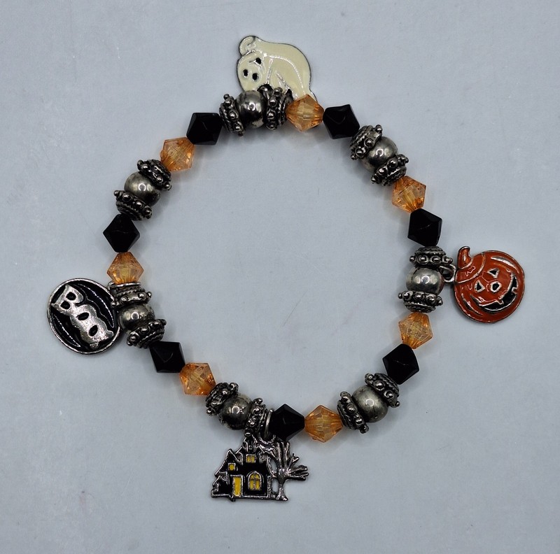 Halloween Beaded Stretch Bracelet With Charms Ghost Haunted House Boo Pumpkin gallery