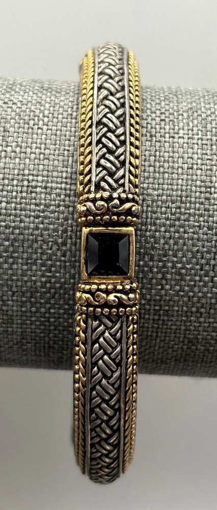 Woven Silver Tone Gold Tone Black Rhinestone Basketweave Bangle Bracelet