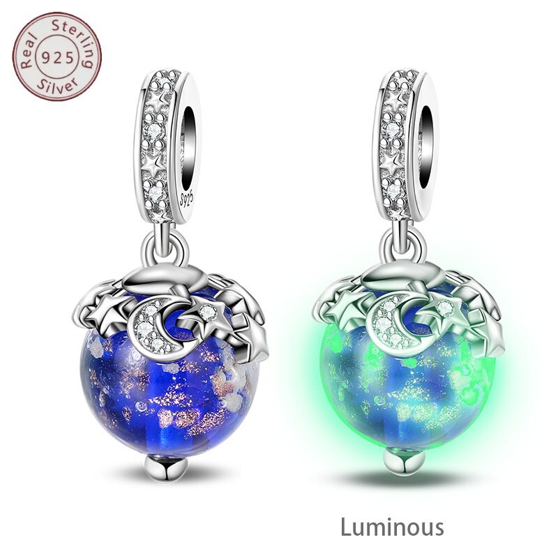 KUNSIR 925 Sterling Silver Charm Star Moon Glow Pendant For Bracelet Dangle DIY