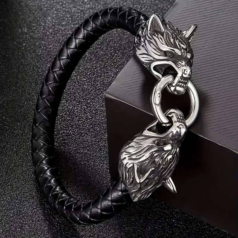 Elegant 925 Sterling Silver Wolf Head Leather Fashion Charm Bracelet Bangle Cuff gallery