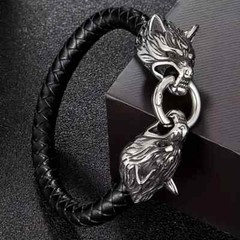 Elegant 925 Sterling Silver Wolf Head Leather Fashion Charm Bracelet Bangle Cuff