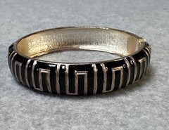 Silver-Tone & Black Hinged Bangle Bracelet with Geometric Pattern Design