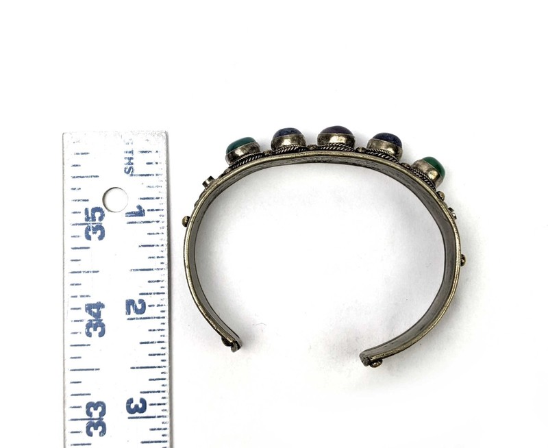 Vintage Nepalese Tibetan Multicolor Stone Bangle Silver Dragon Etched on Inside gallery