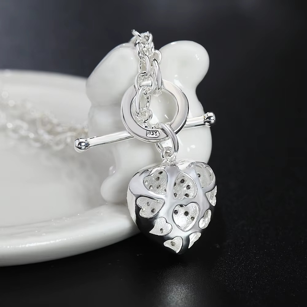 CZ OPEN HEART CHARM & STERLING SILVER TOGGLE CLASP BRACELET & NECKLACE GIFT SET gallery